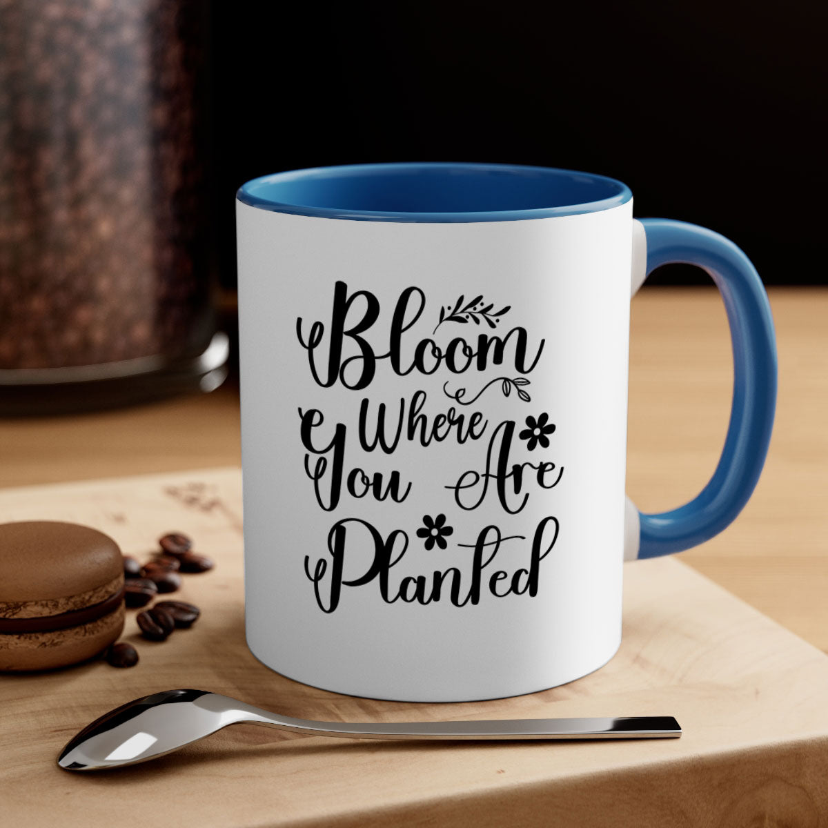 Bloom Where You Are Planted Mug with two-tone design, featuring a colored handle and glossy finish, available in multiple colors.