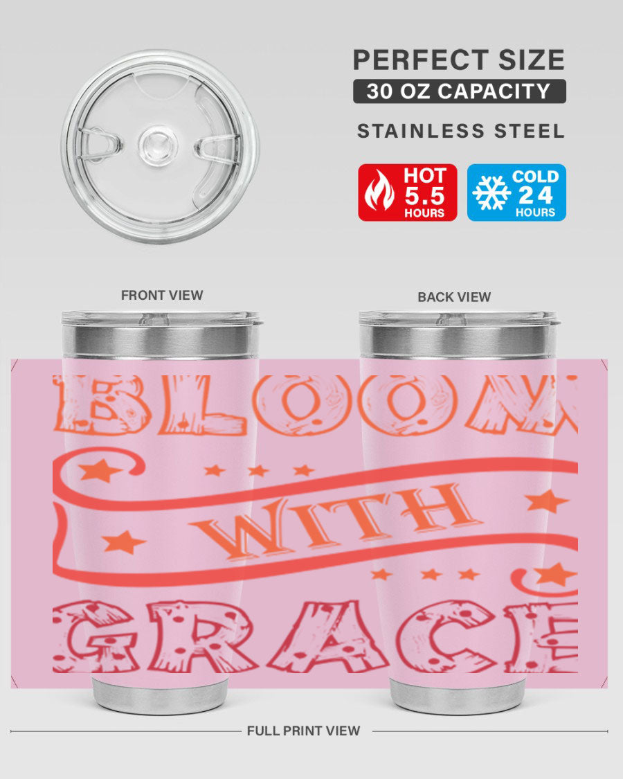 Bloom with Grace 20oz Tumbler in stainless steel with a vibrant floral design, featuring a press-in drink-thru lid.