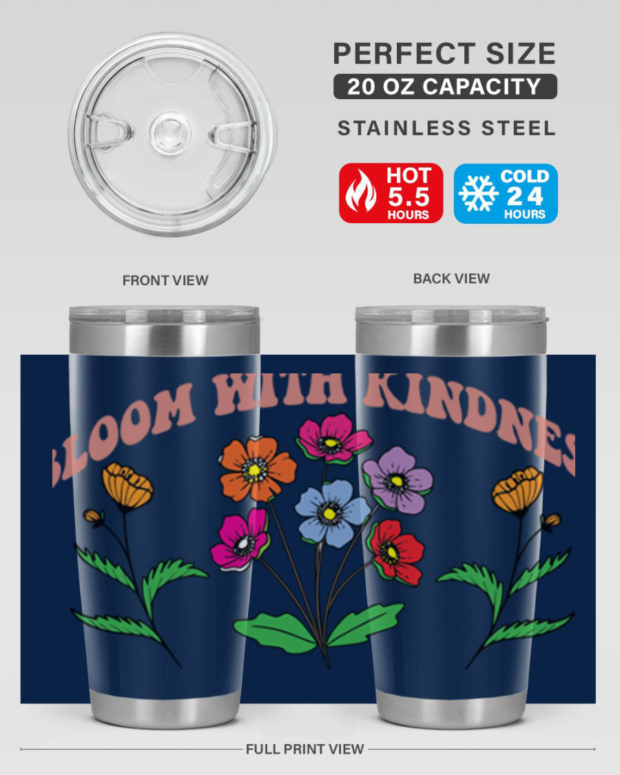 Bloom with Kindness 20oz stainless steel tumbler with vibrant design, showcasing its double wall vacuum insulation and drink-thru lid.