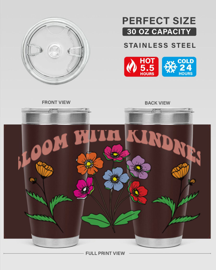 Bloom with Kindness 20oz stainless steel tumbler with vibrant design, showcasing its double wall vacuum insulation and drink-thru lid.