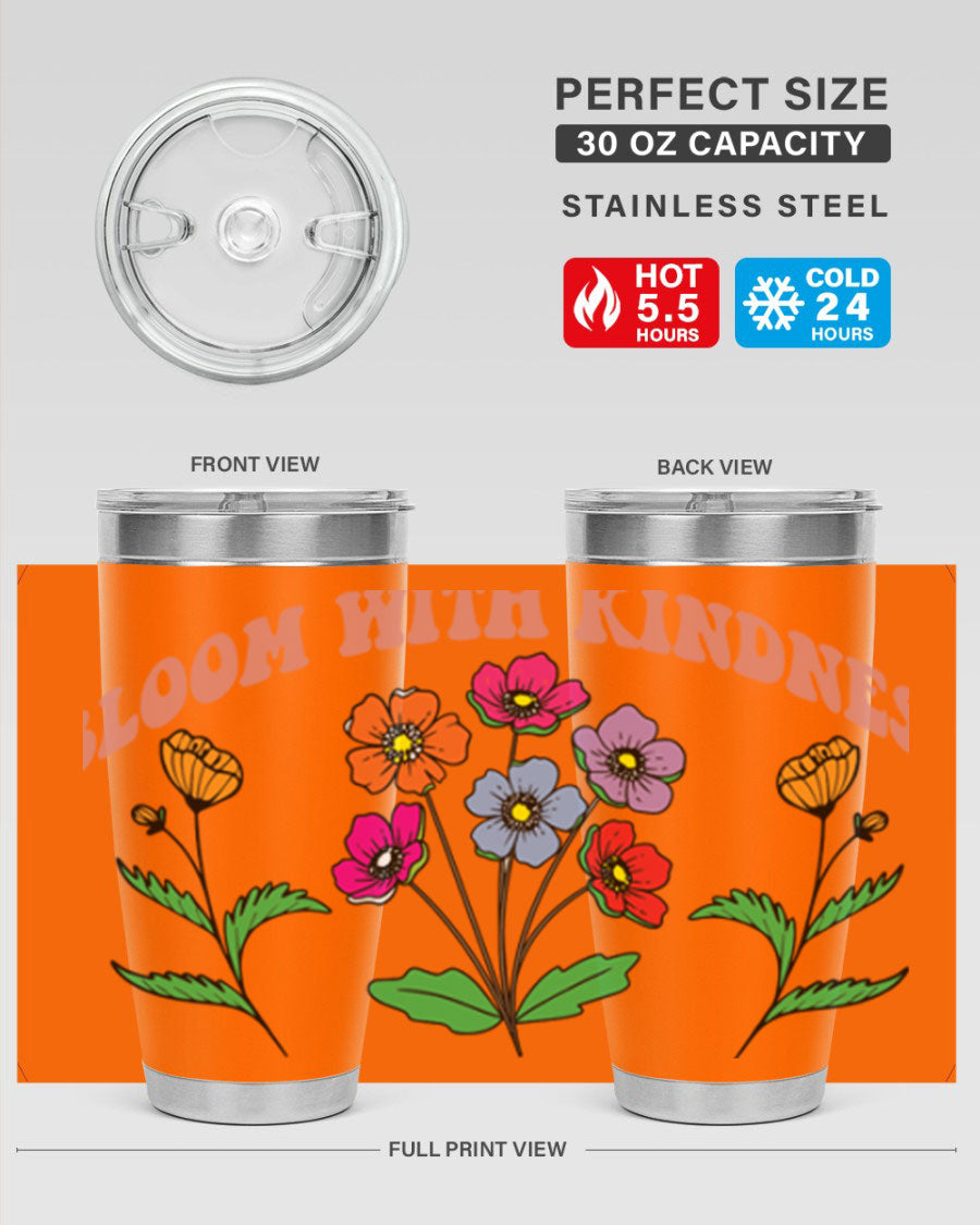Bloom with Kindness 20oz stainless steel tumbler with vibrant design, showcasing its double wall vacuum insulation and drink-thru lid.