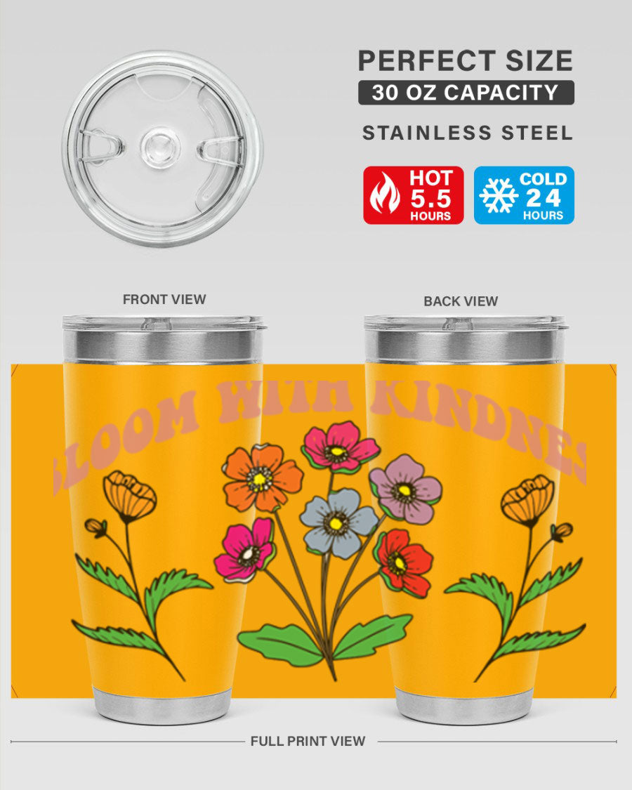 Bloom with Kindness 20oz stainless steel tumbler with vibrant design, showcasing its double wall vacuum insulation and drink-thru lid.