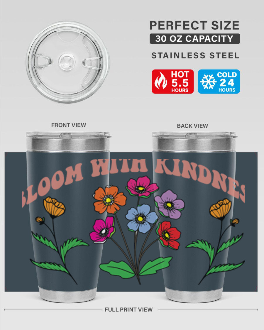 Bloom with Kindness 20oz stainless steel tumbler with vibrant design, showcasing its double wall vacuum insulation and drink-thru lid.