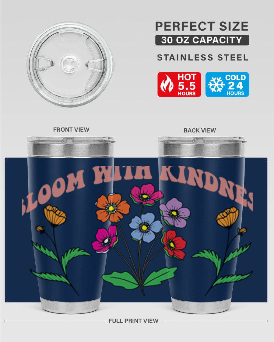Bloom with Kindness 20oz stainless steel tumbler with vibrant design, showcasing its double wall vacuum insulation and drink-thru lid.