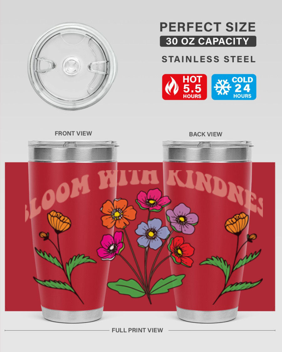 Bloom with Kindness 20oz stainless steel tumbler with vibrant design, showcasing its double wall vacuum insulation and drink-thru lid.