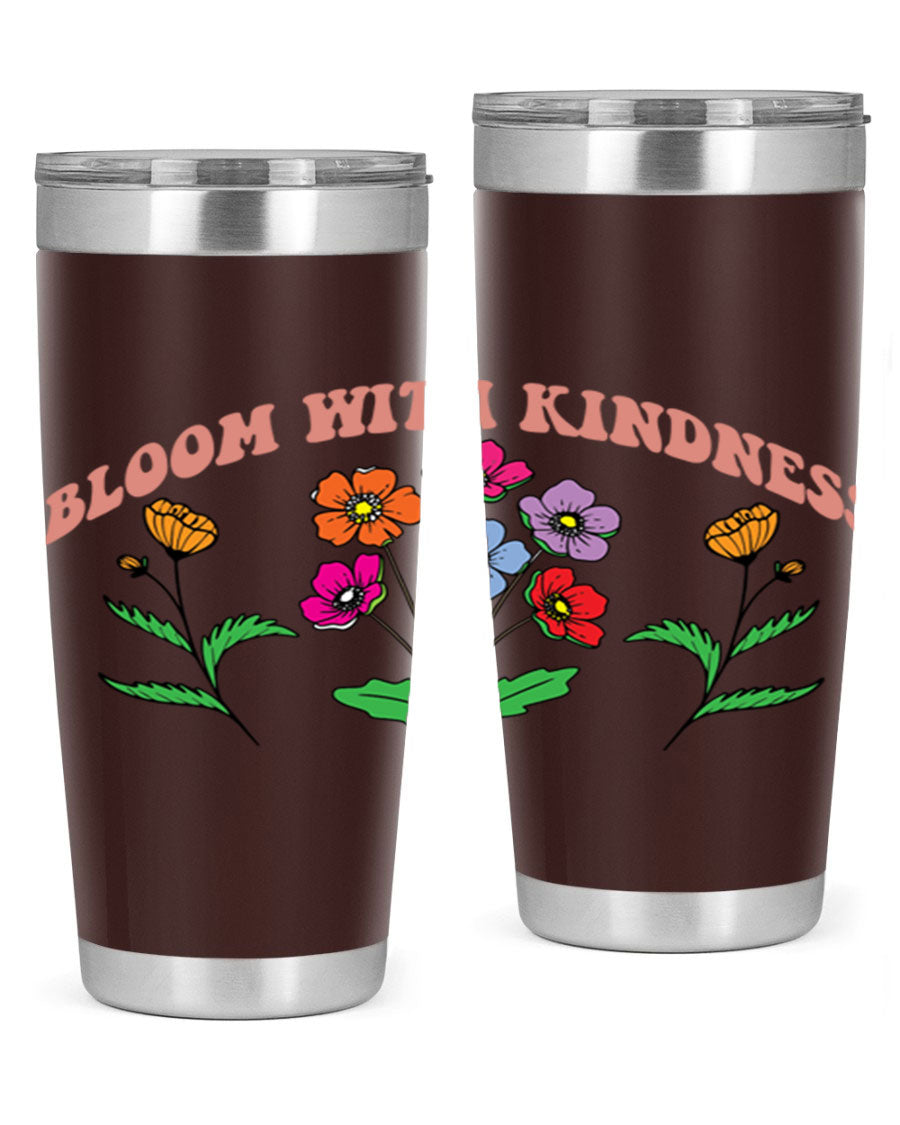 Bloom with Kindness 20oz stainless steel tumbler with vibrant design, showcasing its double wall vacuum insulation and drink-thru lid.