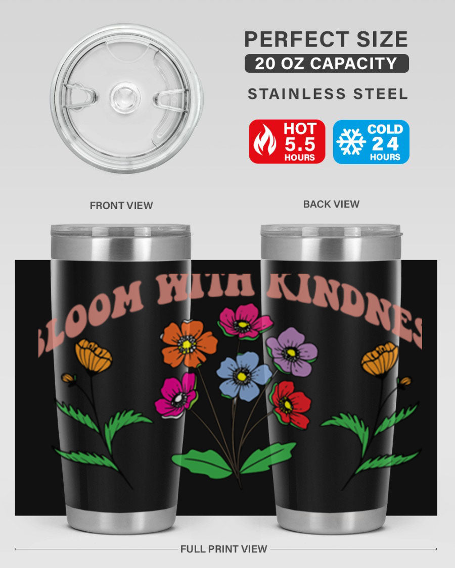 Bloom with Kindness 20oz stainless steel tumbler with vibrant design, showcasing its double wall vacuum insulation and drink-thru lid.