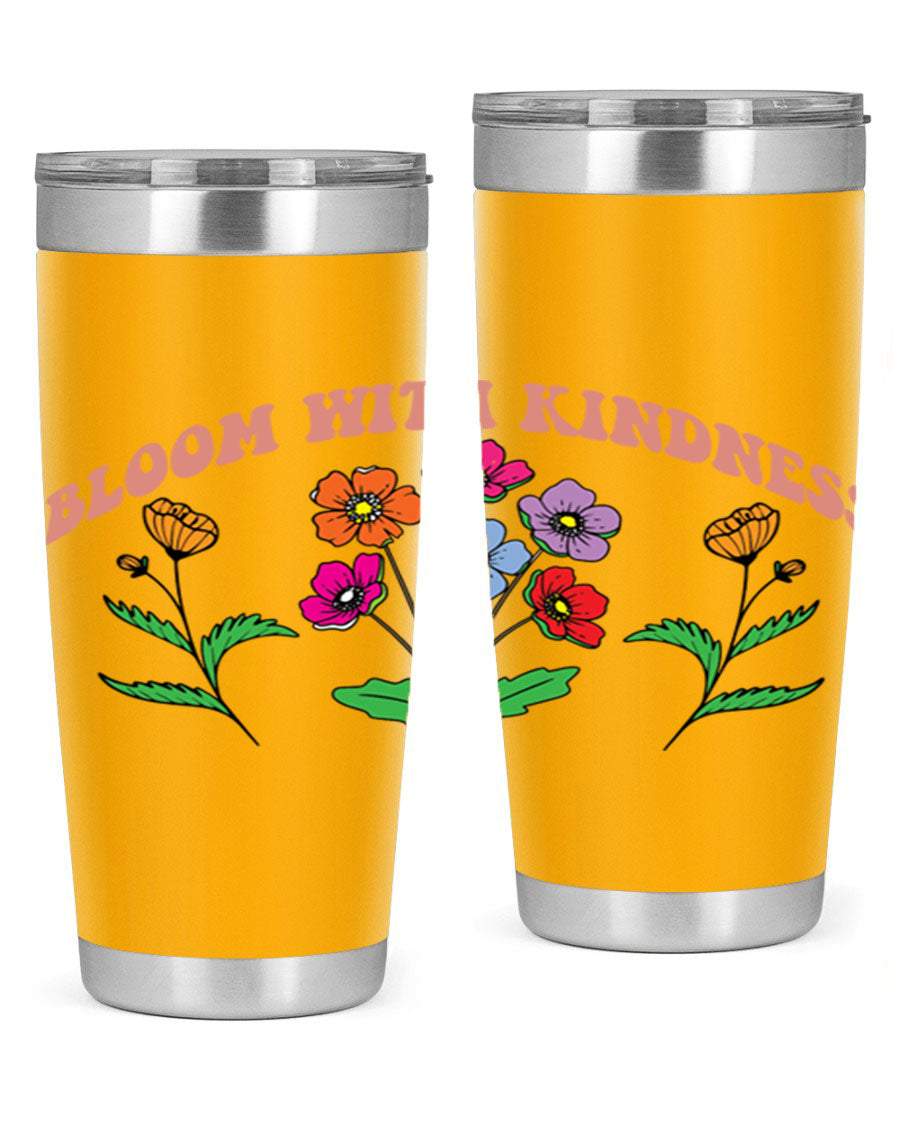 Bloom with Kindness 20oz stainless steel tumbler with vibrant design, showcasing its double wall vacuum insulation and drink-thru lid.