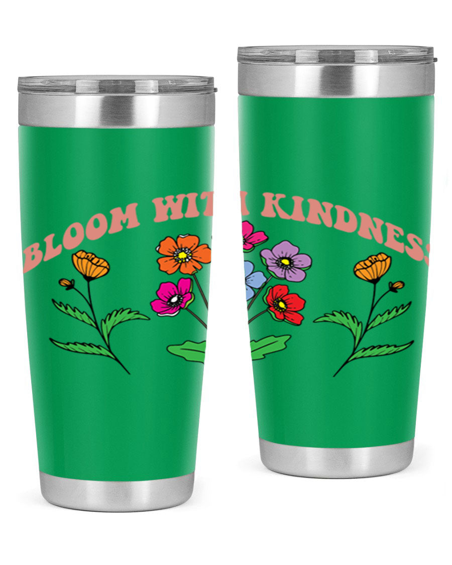 Bloom with Kindness 20oz stainless steel tumbler with vibrant design, showcasing its double wall vacuum insulation and drink-thru lid.