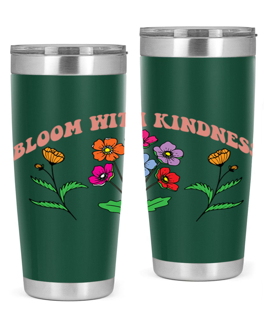 Bloom with Kindness 20oz stainless steel tumbler with vibrant design, showcasing its double wall vacuum insulation and drink-thru lid.