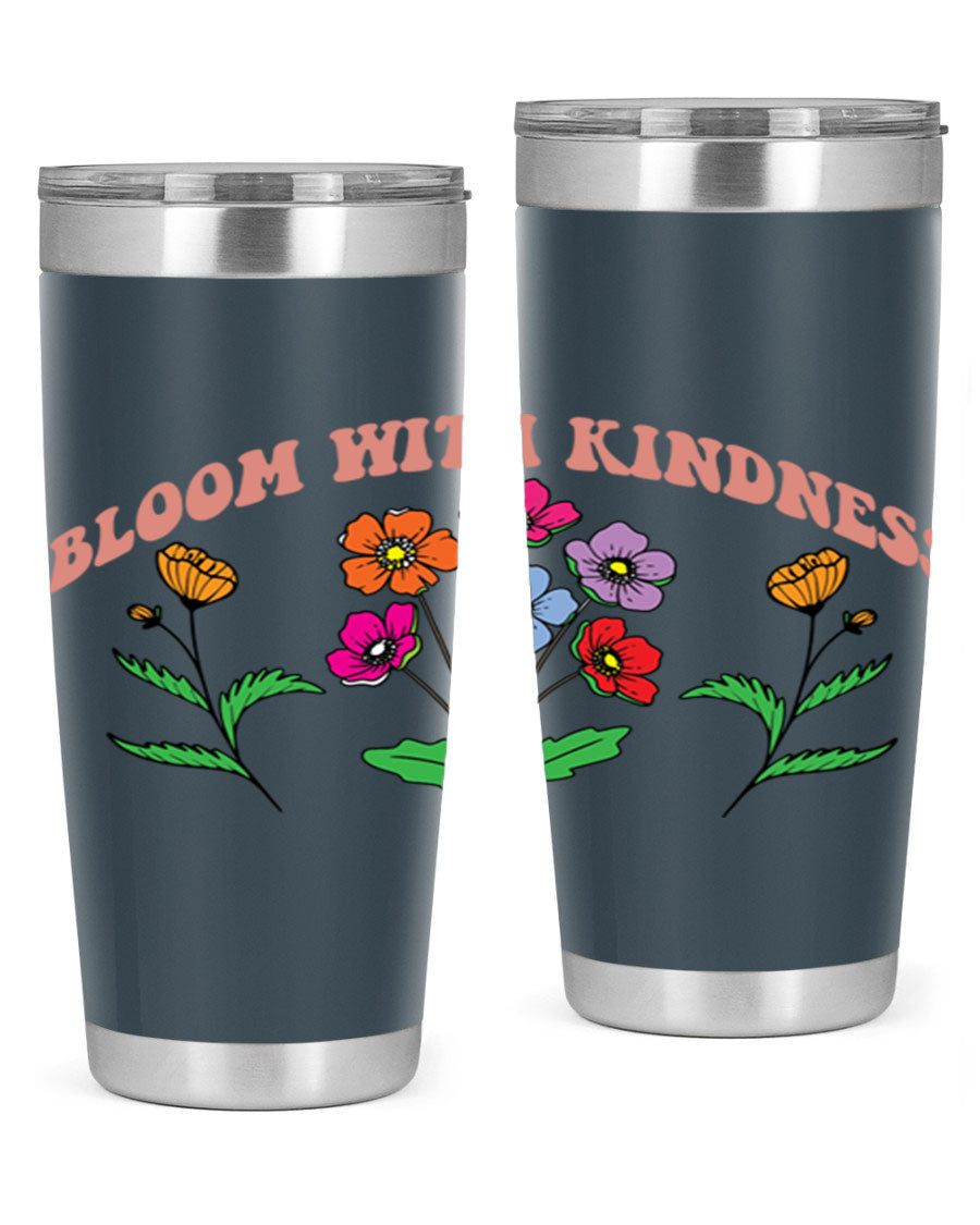 Bloom with Kindness 20oz stainless steel tumbler with vibrant design, showcasing its double wall vacuum insulation and drink-thru lid.