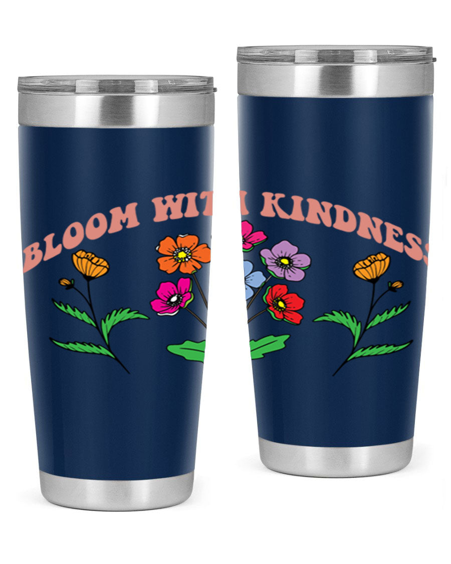 Bloom with Kindness 20oz stainless steel tumbler with vibrant design, showcasing its double wall vacuum insulation and drink-thru lid.