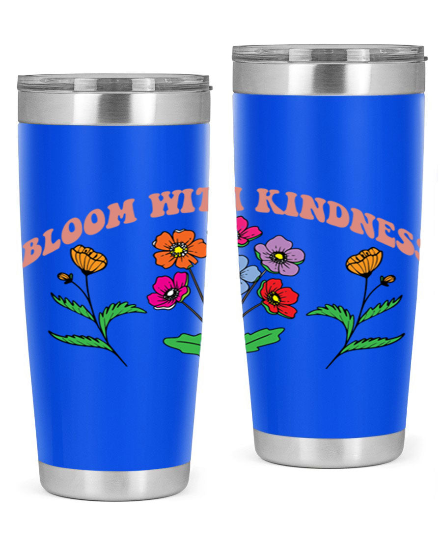 Bloom with Kindness 20oz stainless steel tumbler with vibrant design, showcasing its double wall vacuum insulation and drink-thru lid.