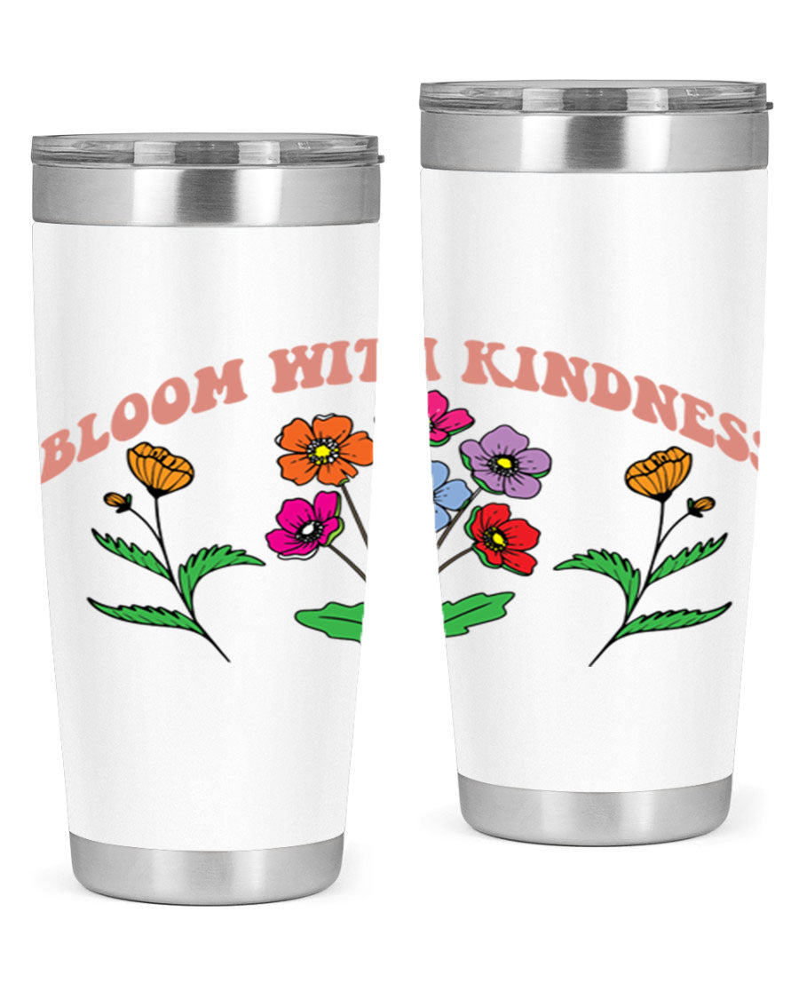 Bloom with Kindness 20oz stainless steel tumbler with vibrant design, showcasing its double wall vacuum insulation and drink-thru lid.