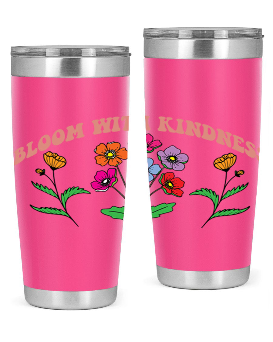 Bloom with Kindness 20oz stainless steel tumbler with vibrant design, showcasing its double wall vacuum insulation and drink-thru lid.