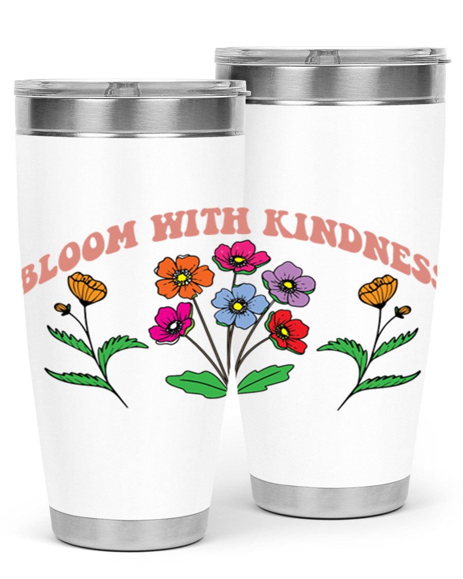 Bloom with Kindness 20oz stainless steel tumbler with vibrant design, showcasing its double wall vacuum insulation and drink-thru lid.