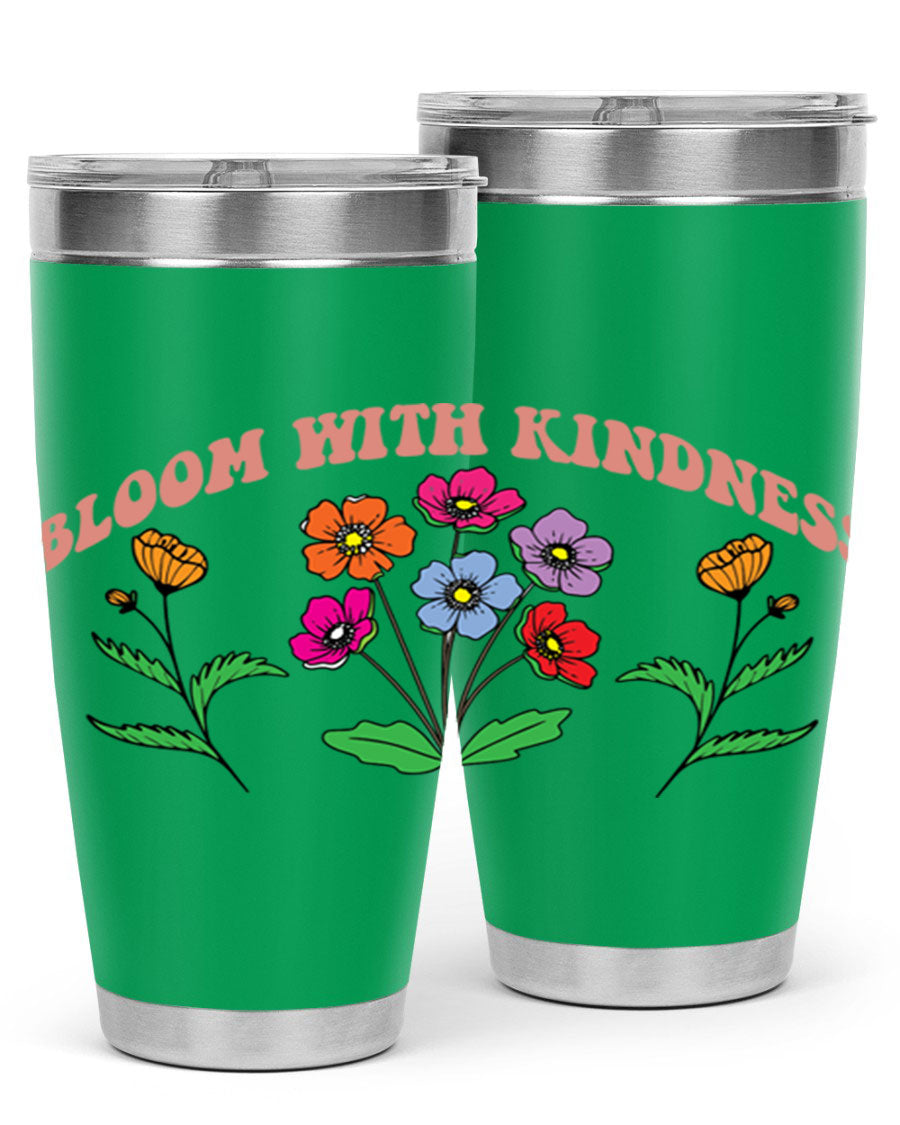 Bloom with Kindness 20oz stainless steel tumbler with vibrant design, showcasing its double wall vacuum insulation and drink-thru lid.