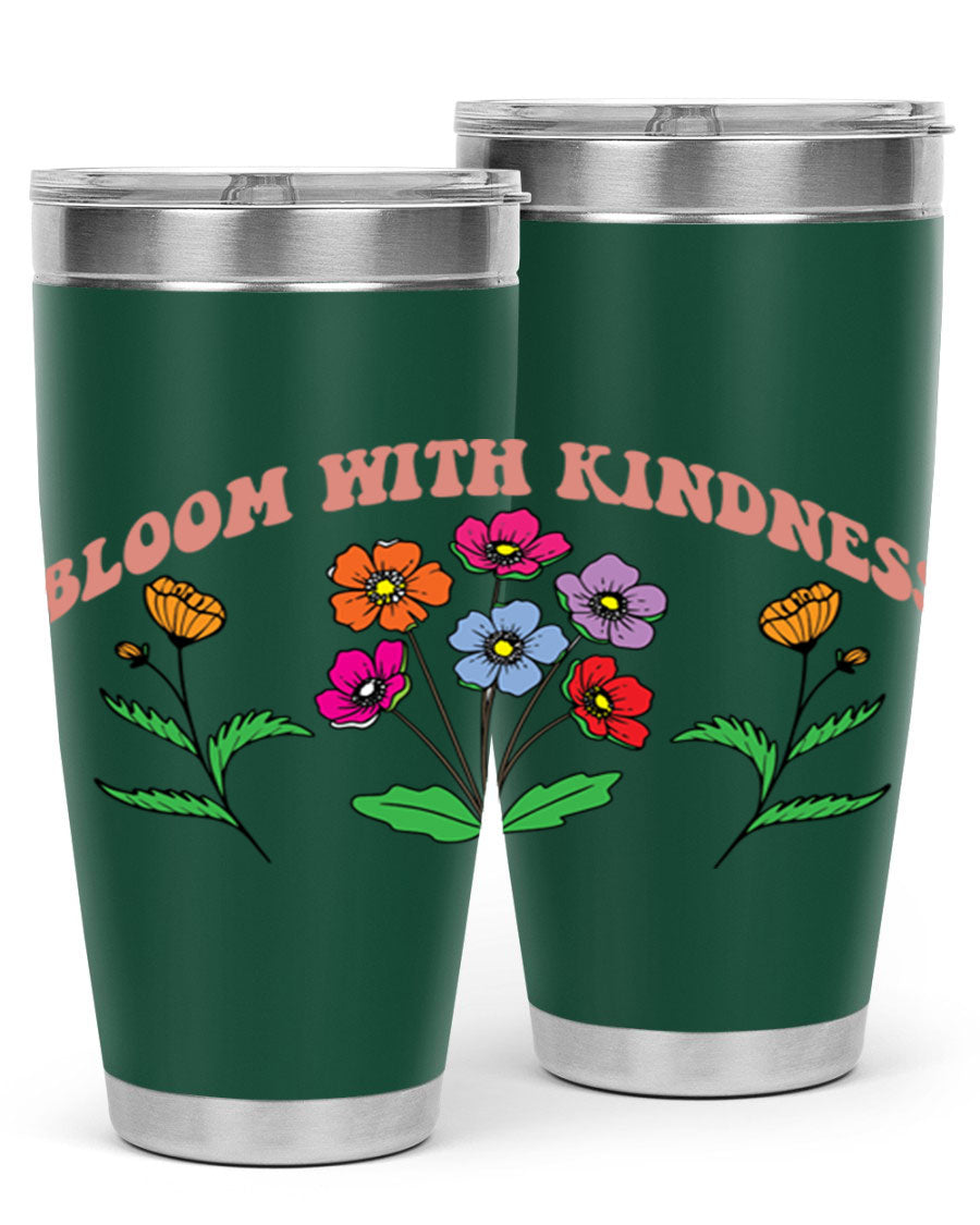 Bloom with Kindness 20oz stainless steel tumbler with vibrant design, showcasing its double wall vacuum insulation and drink-thru lid.
