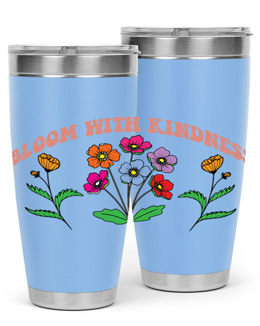 Bloom with Kindness 20oz stainless steel tumbler with vibrant design, showcasing its double wall vacuum insulation and drink-thru lid.