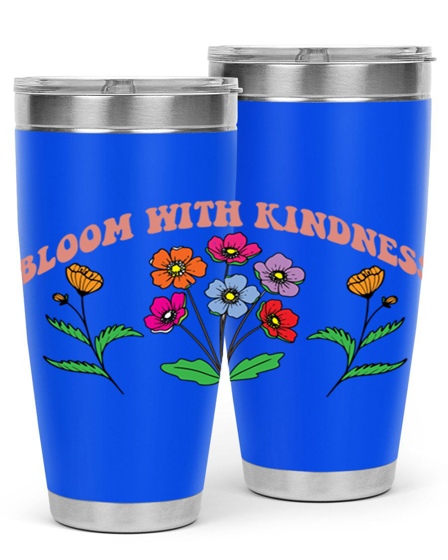 Bloom with Kindness 20oz stainless steel tumbler with vibrant design, showcasing its double wall vacuum insulation and drink-thru lid.