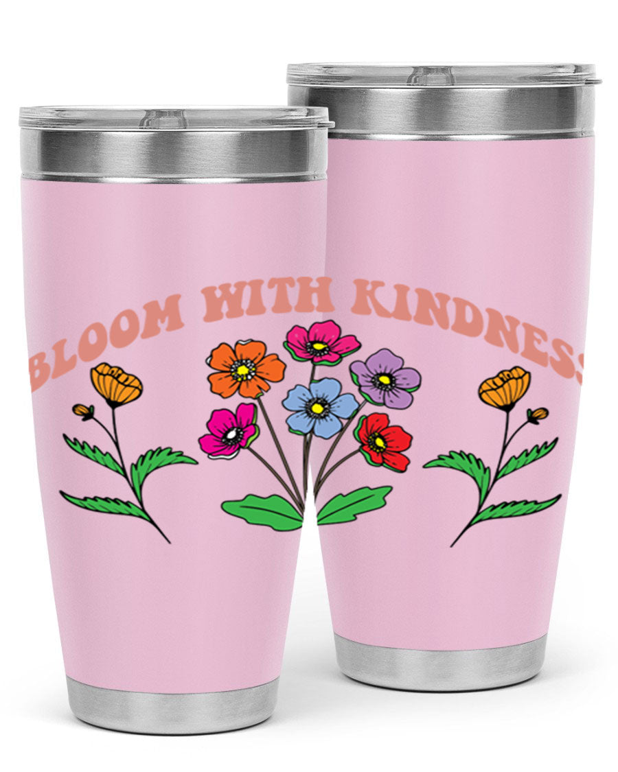 Bloom with Kindness 20oz stainless steel tumbler with vibrant design, showcasing its double wall vacuum insulation and drink-thru lid.