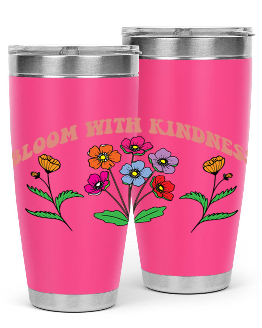 Bloom with Kindness 20oz stainless steel tumbler with vibrant design, showcasing its double wall vacuum insulation and drink-thru lid.
