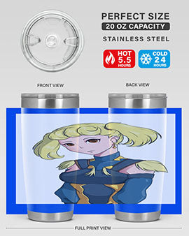 A stylish tumbler featuring a blonde girl in a royal dress, showcasing its double wall vacuum stainless steel design.