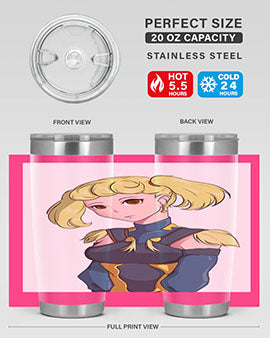 A stylish tumbler featuring a blonde girl in a royal dress, showcasing its double wall vacuum stainless steel design.