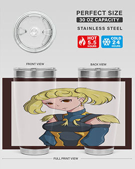 A stylish tumbler featuring a blonde girl in a royal dress, showcasing its double wall vacuum stainless steel design.