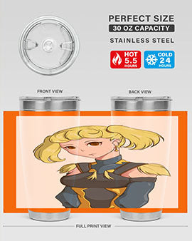 A stylish tumbler featuring a blonde girl in a royal dress, showcasing its double wall vacuum stainless steel design.
