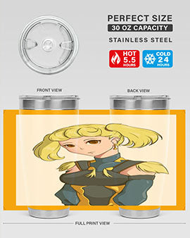 A stylish tumbler featuring a blonde girl in a royal dress, showcasing its double wall vacuum stainless steel design.