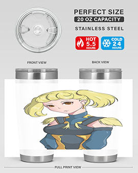 A stylish tumbler featuring a blonde girl in a royal dress, showcasing its double wall vacuum stainless steel design.