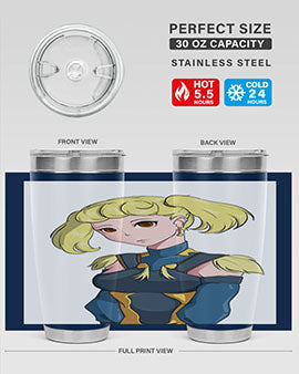 A stylish tumbler featuring a blonde girl in a royal dress, showcasing its double wall vacuum stainless steel design.