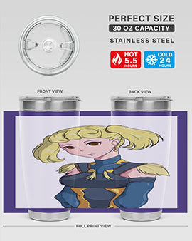 A stylish tumbler featuring a blonde girl in a royal dress, showcasing its double wall vacuum stainless steel design.