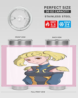 A stylish tumbler featuring a blonde girl in a royal dress, showcasing its double wall vacuum stainless steel design.