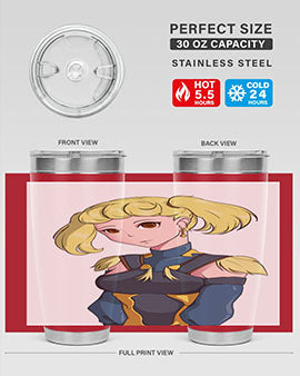 A stylish tumbler featuring a blonde girl in a royal dress, showcasing its double wall vacuum stainless steel design.
