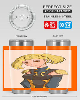 A stylish tumbler featuring a blonde girl in a royal dress, showcasing its double wall vacuum stainless steel design.