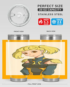 A stylish tumbler featuring a blonde girl in a royal dress, showcasing its double wall vacuum stainless steel design.