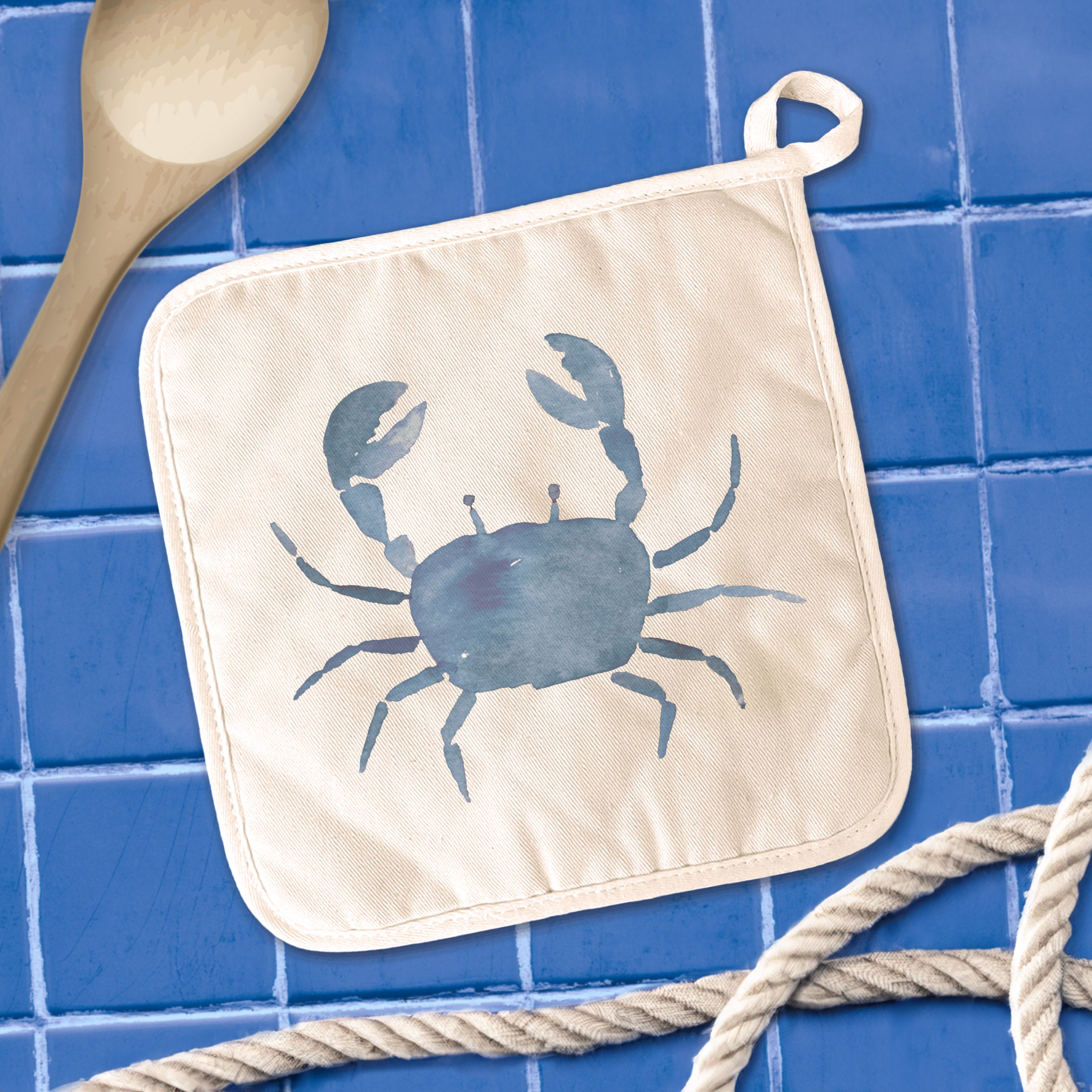 Blue Crab Cotton Pot Holder featuring vibrant crab design and quilted terry cloth.