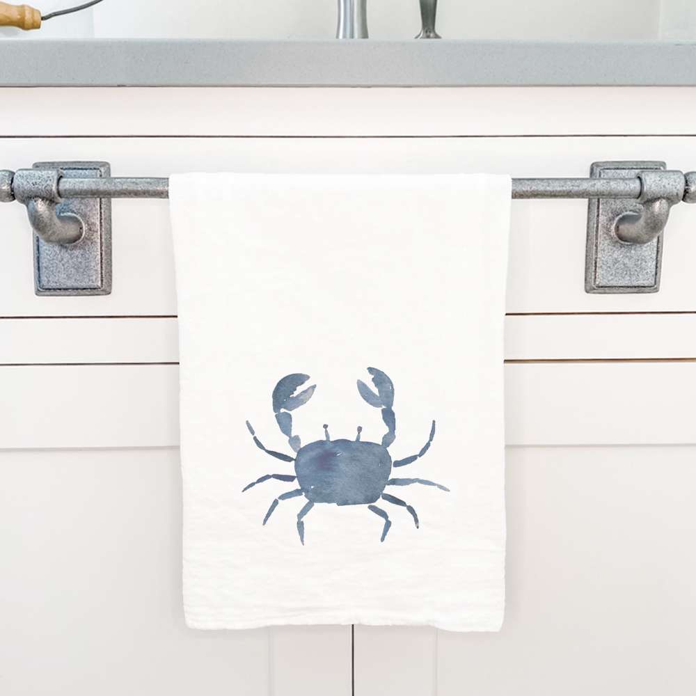 Blue Crab Cotton Tea Towel featuring a vibrant crab design on absorbent fabric, perfect for kitchen use.