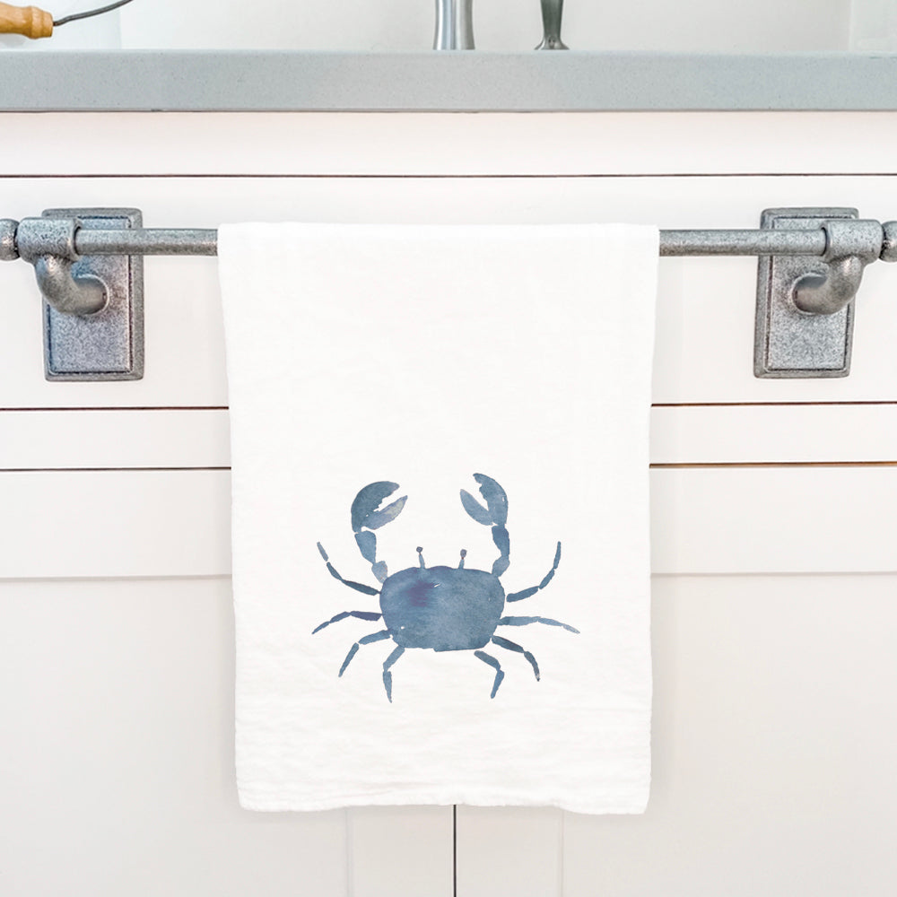 Blue Crab Cotton Tea Towel featuring a vibrant crab design on absorbent fabric, perfect for kitchen use.