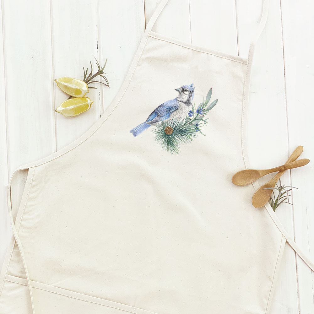Blue Jay Women's Apron featuring a beautiful bird print, made from durable cotton canvas with natural twill ties.