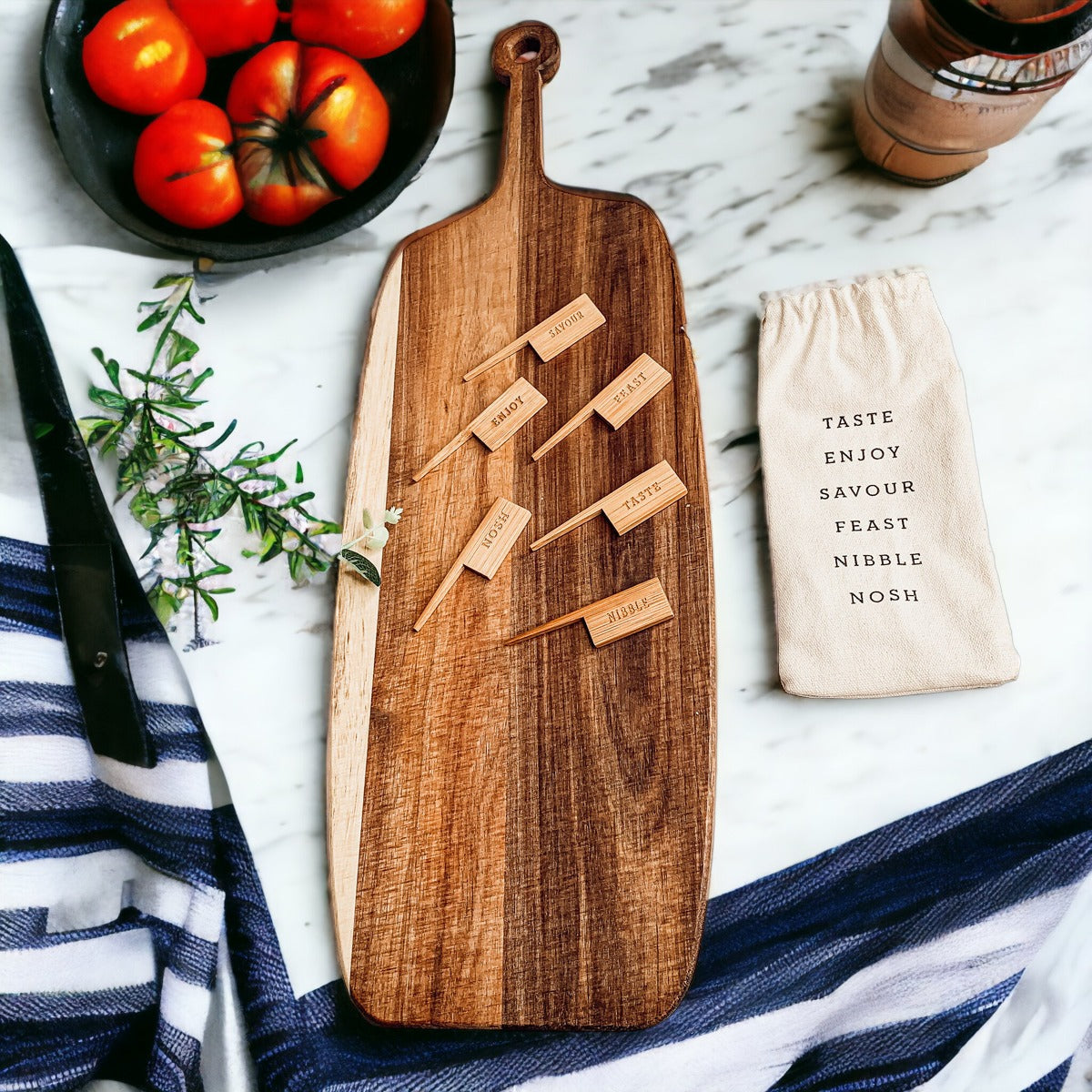 Handmade Acacia Wood Serving Board with Bamboo Markers, featuring a natural grain finish and a convenient handle for easy serving.