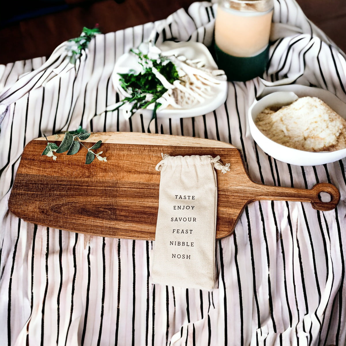 Handmade Acacia Wood Serving Board with Bamboo Markers, featuring a natural grain finish and a convenient handle for easy serving.