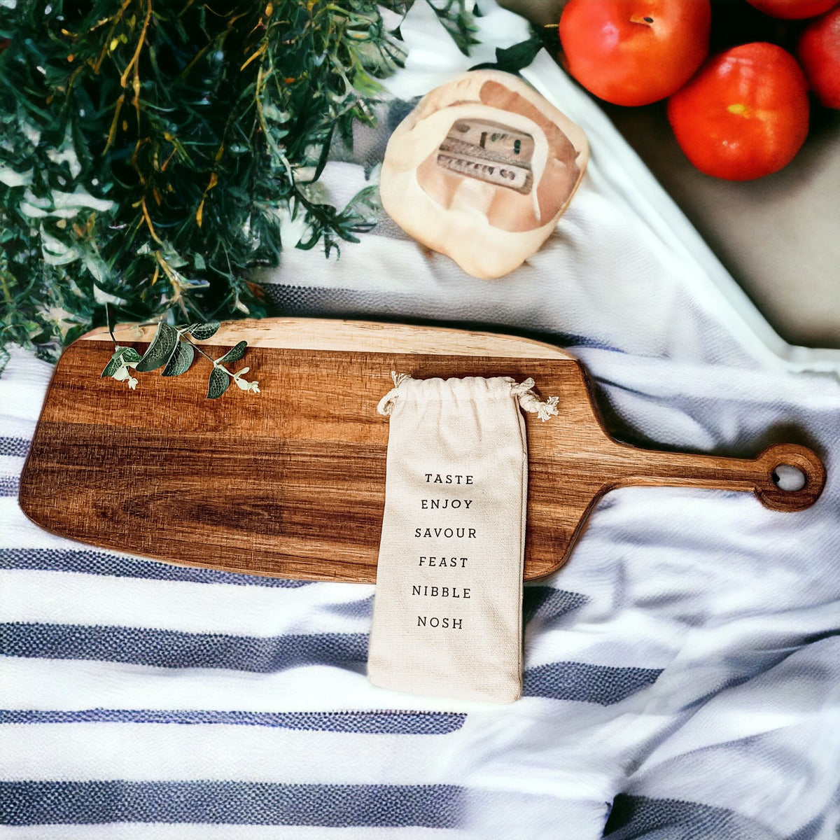 Handmade Acacia Wood Serving Board with Bamboo Markers, featuring a natural grain finish and a convenient handle for easy serving.