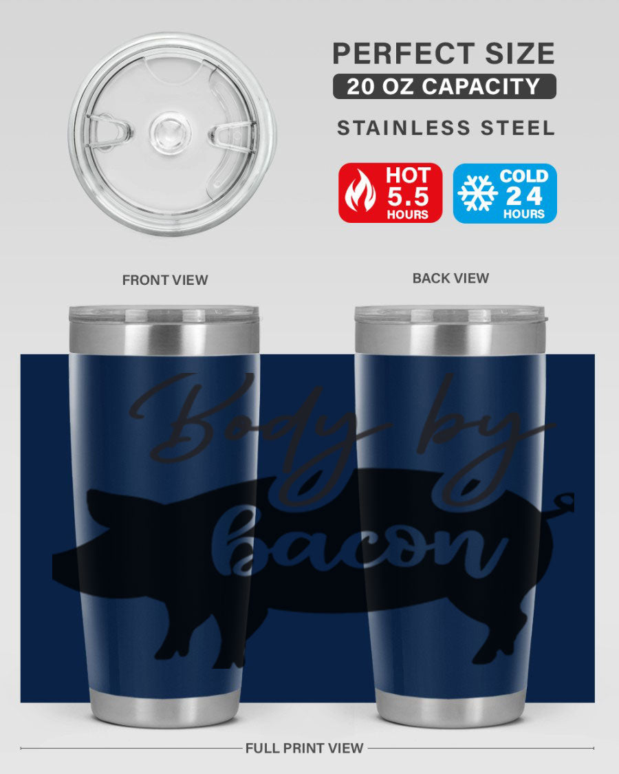 Body by Bacon 20oz stainless steel tumbler with copper lining and drink-thru lid, perfect for hot and cold beverages.