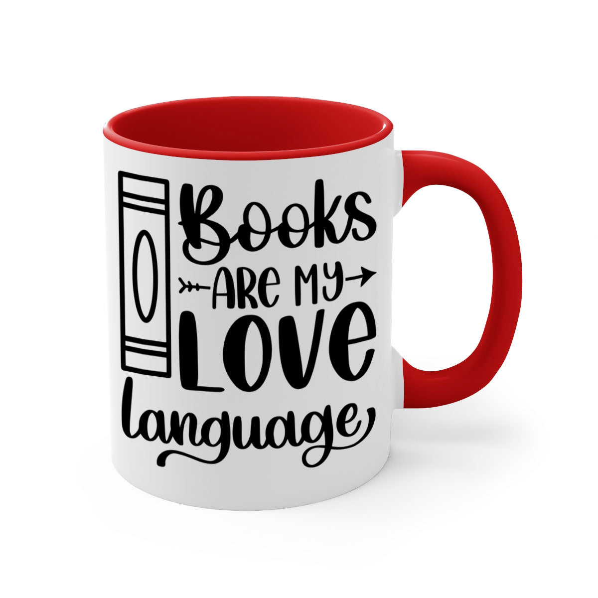 A stylish two-tone ceramic mug with the phrase 'Books Are My Love Language', featuring a colored handle and glossy finish.