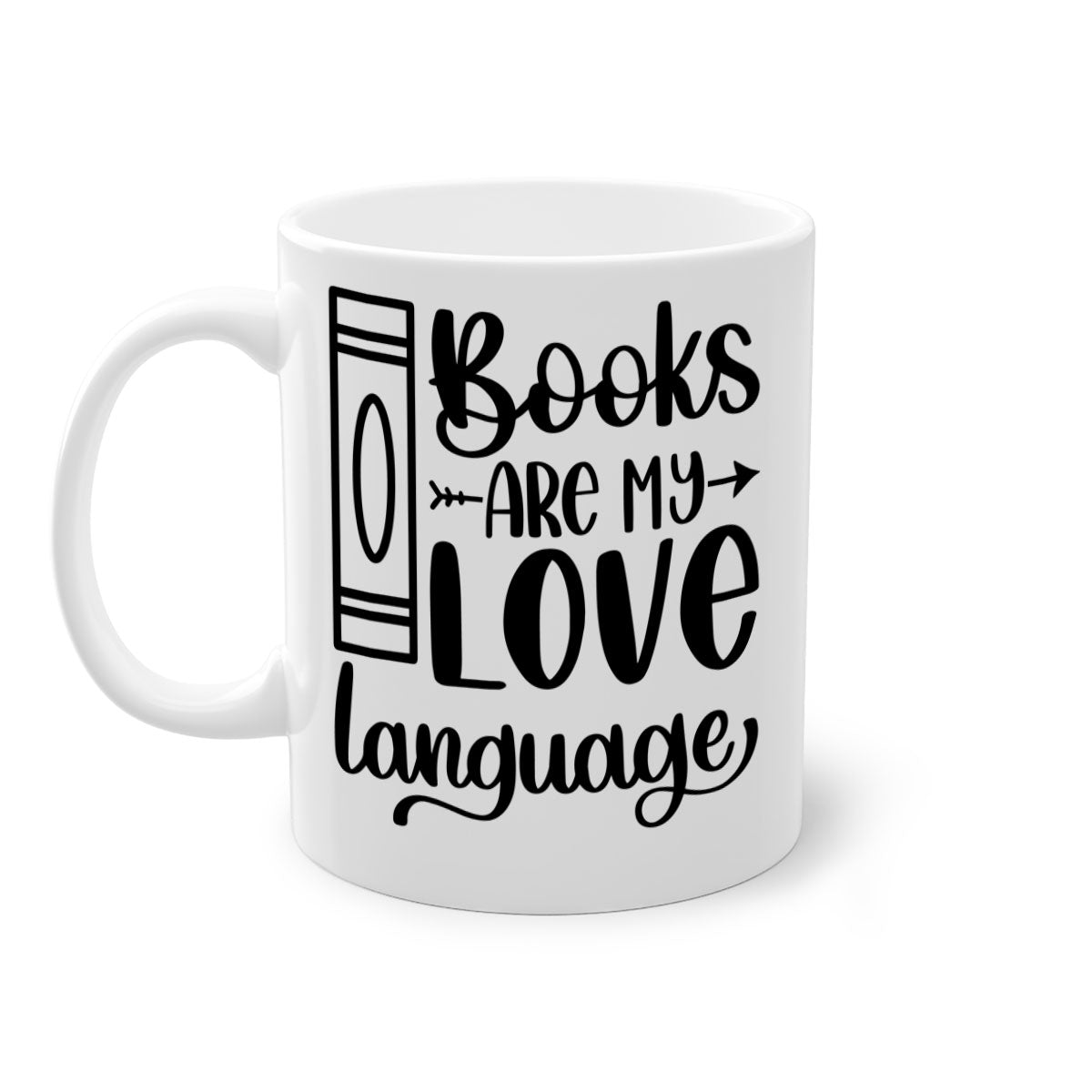 A stylish two-tone ceramic mug with the phrase 'Books Are My Love Language', featuring a colored handle and glossy finish.