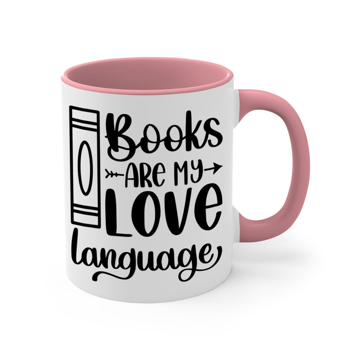 A stylish two-tone ceramic mug with the phrase 'Books Are My Love Language', featuring a colored handle and glossy finish.