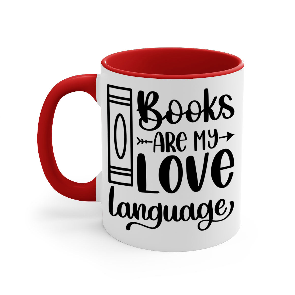 A stylish two-tone ceramic mug with the phrase 'Books Are My Love Language', featuring a colored handle and glossy finish.